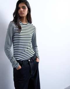 Stripe contrast back long sleeve top in khaki