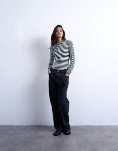 Model wearing Stripe contrast back long sleeve top in khaki