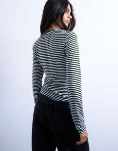 Model wearing Stripe contrast back long sleeve top in khaki