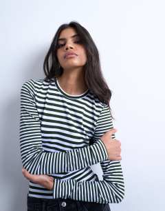 Model wearing Stripe contrast back long sleeve top in khaki