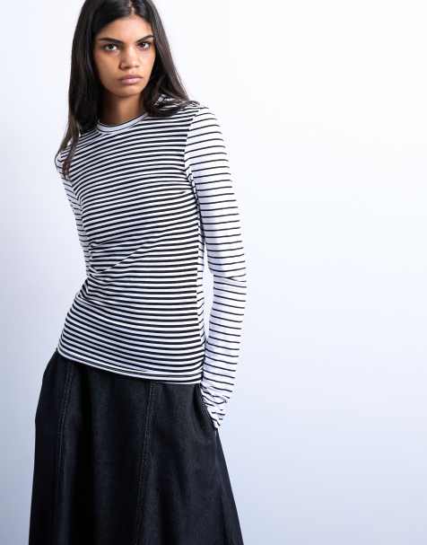 Topshop stripe contrast back long sleeve top in monochrome - view 1