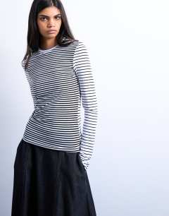 Stripe contrast back long sleeve top in monochrome