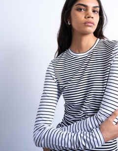 Model wearing Stripe contrast back long sleeve top in monochrome