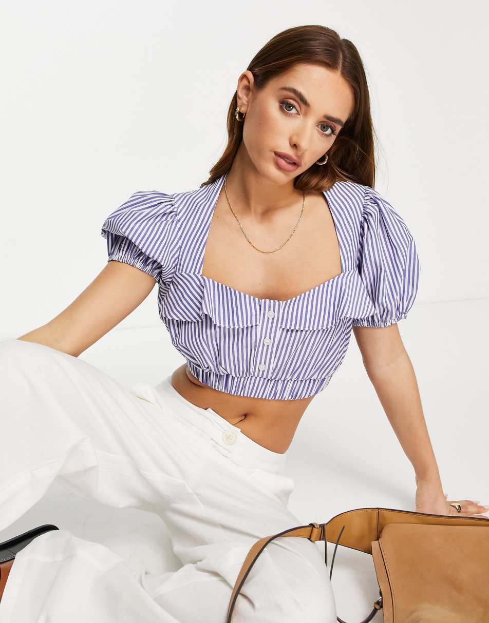 Topshop stripe corset short sleeve poplin top in blue