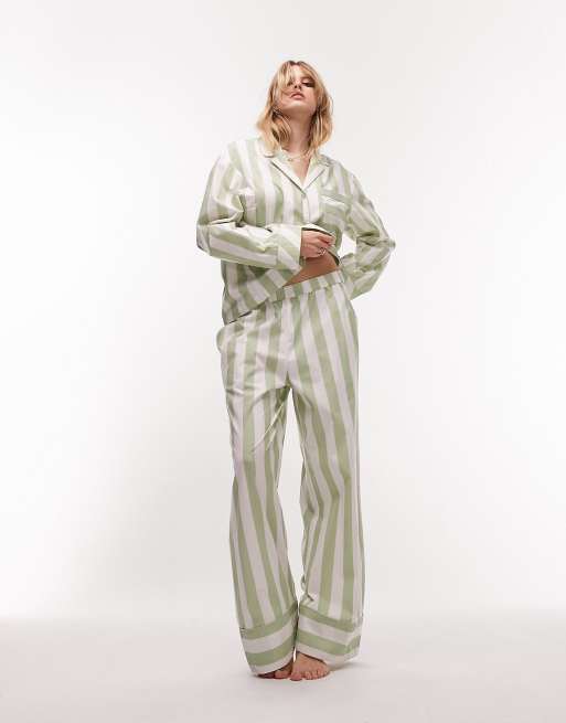 Topshop stripe cotton piped shirt and pants pajama set in sage