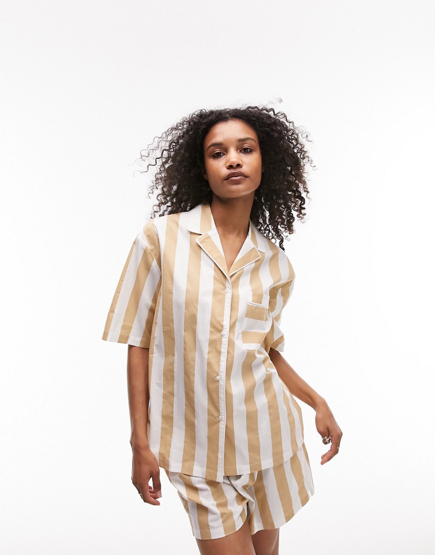 stripe cotton piped shirt and shorts pajama set in camel-Multi