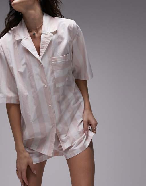 Topshop stripe cotton piped shirt and shorts pyjama set in pink 