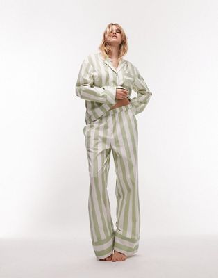 Topshop stripe cotton piped shirt and trouser pyjama set in sage