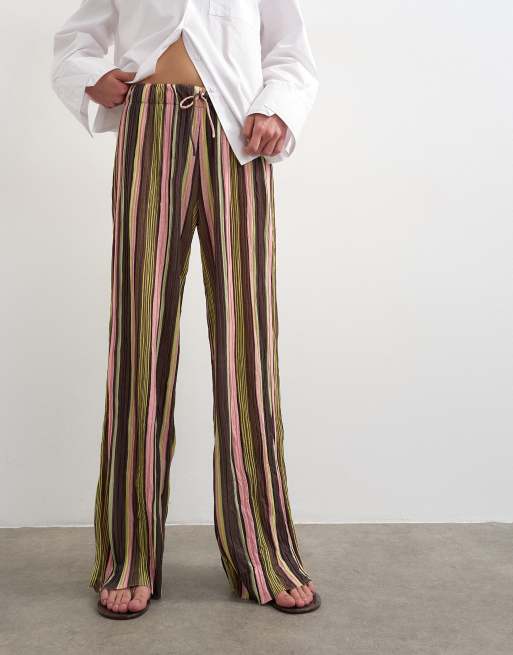 Topshop stripe crinkle tie waist wide leg pants in pink, 2 of 5