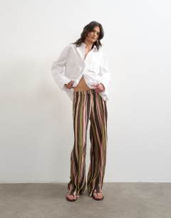 Stripe crinkle tie waist wide leg trouser in pink