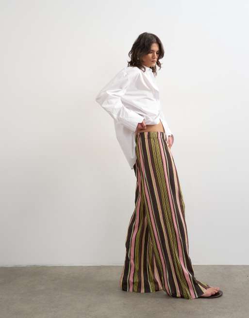 Topshop stripe crinkle tie waist wide leg trouser in pink, 3 of 5