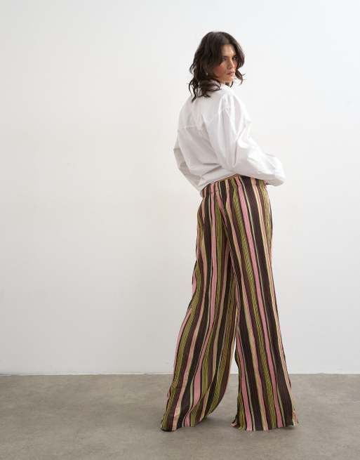 Topshop stripe crinkle tie waist wide leg trouser in pink, 5 of 5