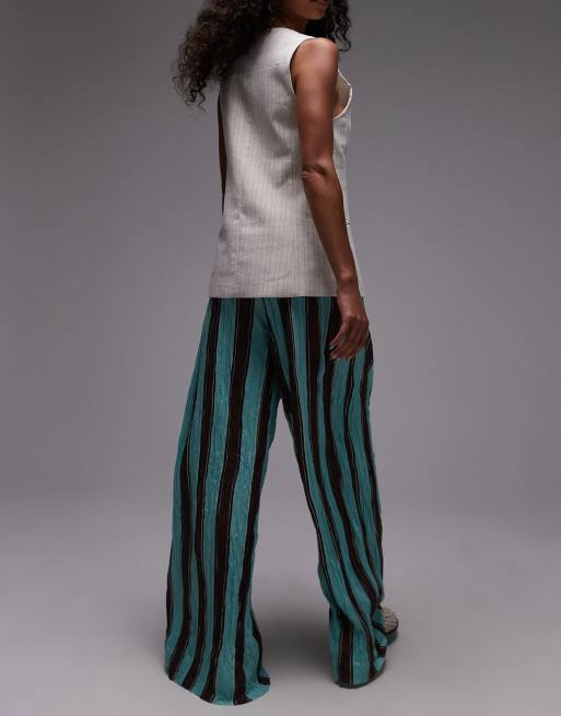 Topshop stripe crinkle wide leg pants in blue and brown