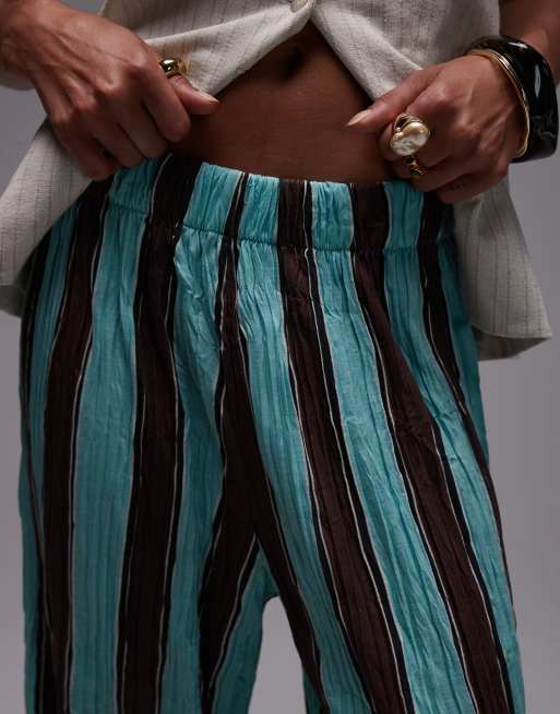 Topshop stripe crinkle wide leg pants in blue and brown