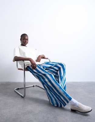 Topshop Stripe Crinkle Wide Leg Pants In Blue