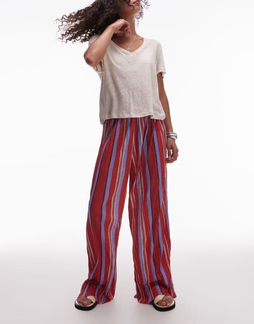 Topshop stripe crinkle wide leg pants in red and lilac, 3 of 5