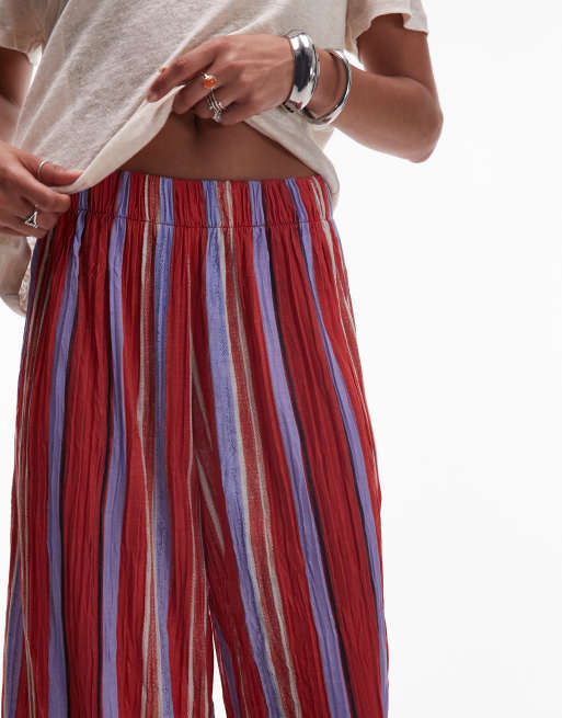 Topshop stripe crinkle wide leg pants in red and lilac, 4 of 5