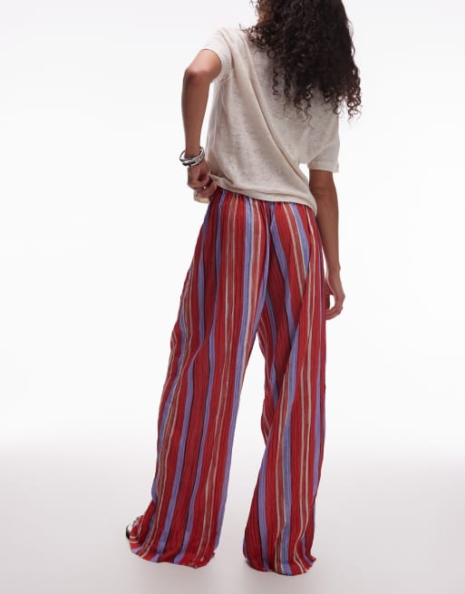 Topshop stripe crinkle wide leg trousers in red and lilac
