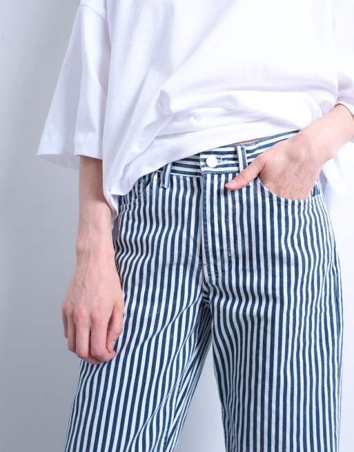 Topshop stripe cropped mid rise straight leg pants in blue, 2 of 7