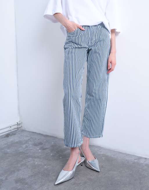 Topshop stripe cropped mid rise straight leg pants in blue, 5 of 7