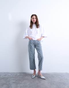 Stripe cropped mid rise straight leg trouser in blue