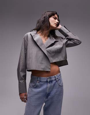 Topshop stripe cropped shirt in blue and beige