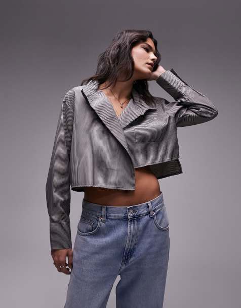 Topshop stripe cropped shirt in blue and beige - view 1