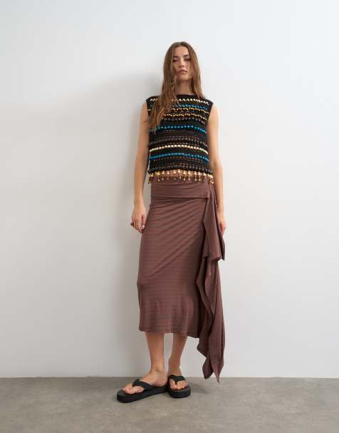 Topshop stripe draped midi skirt in brown - view 1