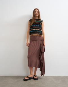 Stripe draped midi skirt in brown