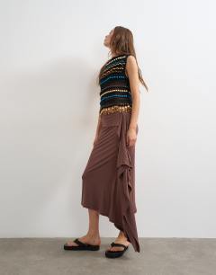 Model wearing Stripe draped midi skirt in brown
