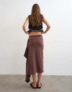 Model wearing Stripe draped midi skirt in brown