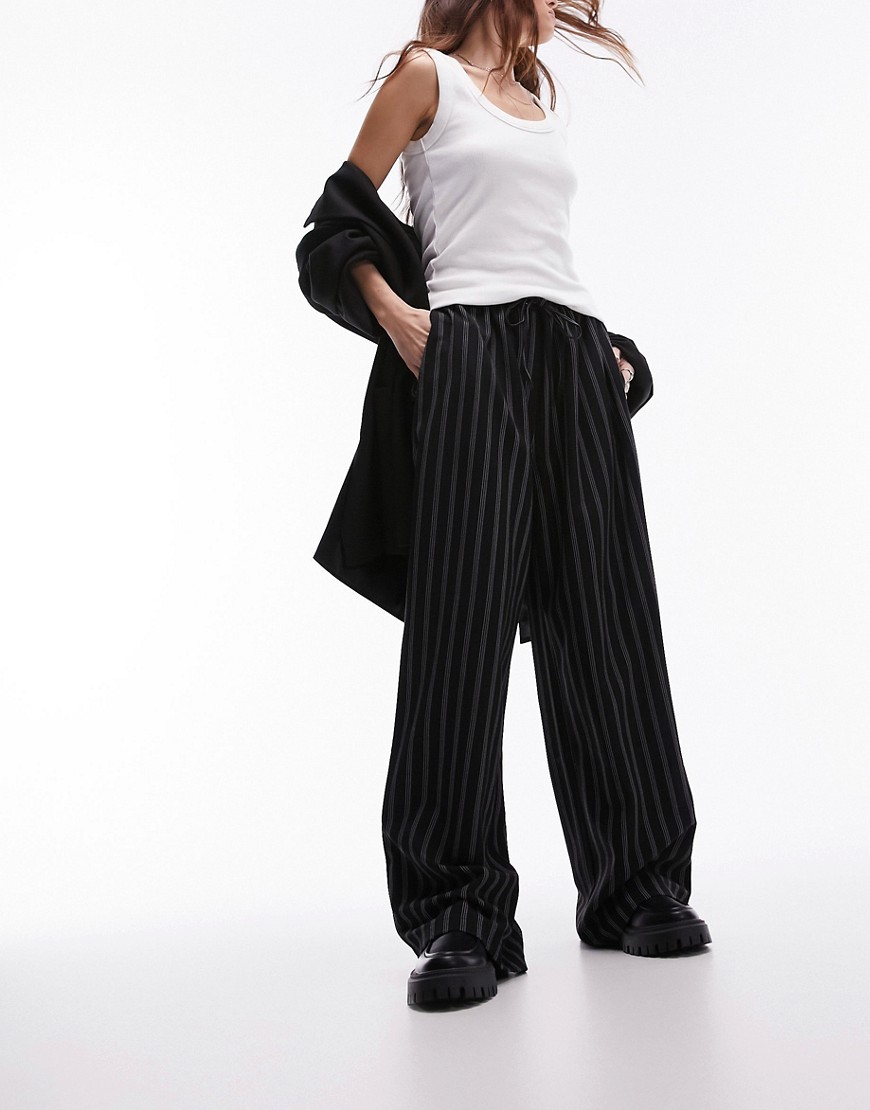 Topshop Stripe Draw Cord Waist Wide Leg Sweatpants In Black
