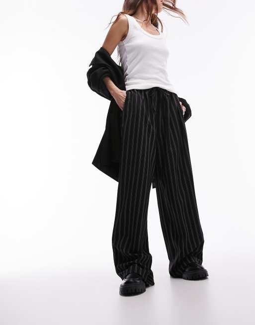 Topshop stripe draw cord waist wide leg sweatpants in black