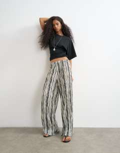 Stripe drawstring crinkle trouser in black