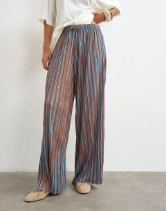 Model wearing Stripe drawstring crinkle trouser in brown