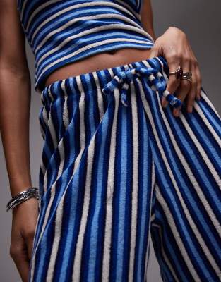 Topshop Stripe Drawstring Terry Shorts In Blue