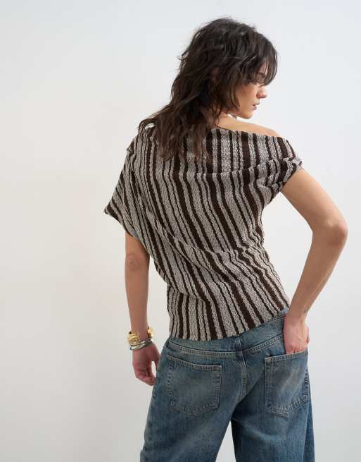 Topshop stripe fallen shoulder textured top in grey, 2 of 4