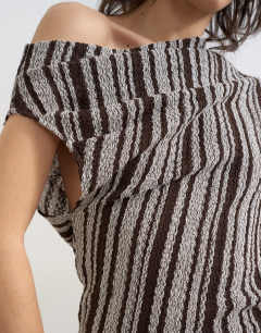 Model wearing Stripe fallen shoulder textured top in grey