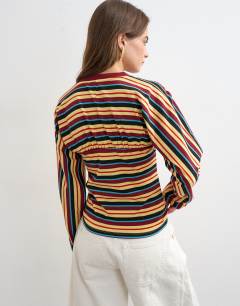 Model wearing Stripe gather yoke seam long sleeve top in yellow