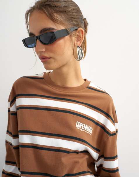 Topshop stripe graphic Copenhagen skater tee in brown - view 1