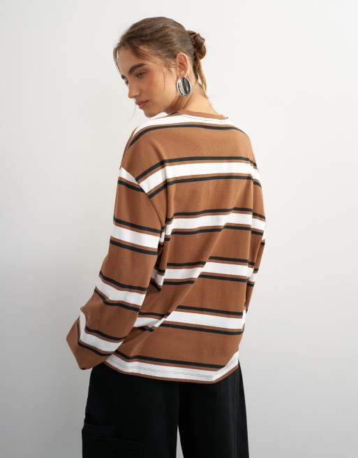Topshop stripe graphic Copenhagen skater tee in brown, 3 of 4
