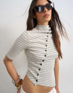 Stripe high neck ruffle button through half sleeve top in neutral