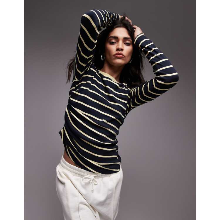 Topshop stripe hitched side long sleeve top in multi | ASOS