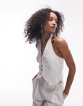 [Topshop] Topshop stripe linen halterneck waistcoat in cream (part of a set)-White 18 CREAM