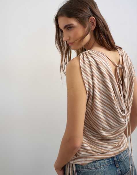 Topshop stripe linen look cowl ruched side top in neutral - view 1