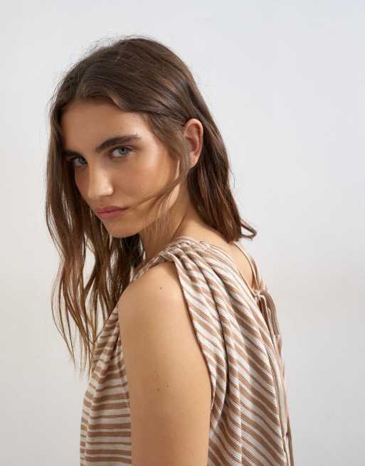Topshop stripe linen look cowl ruched side top in neutral, 4 of 4