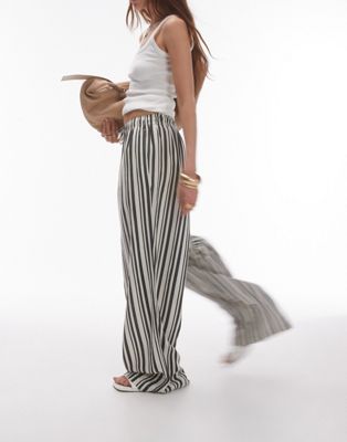 Topshop Stripe Linen Wide Leg Pants In Mono-multi In Gray