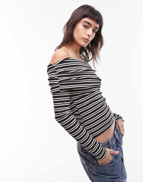 Topshop stripe long sleeve bardot in mono - view 1