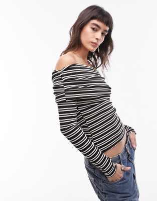 Topshop Stripe Long Sleeve Bardot Top In Mono-black