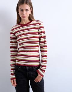 Model wearing Stripe long sleeve everyday tee in burgundy